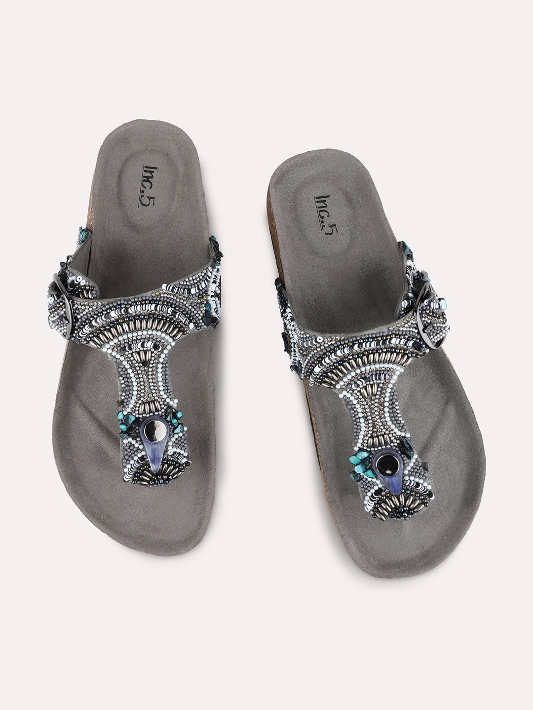 Womens Pewter Casual Printed T-Strap Flats