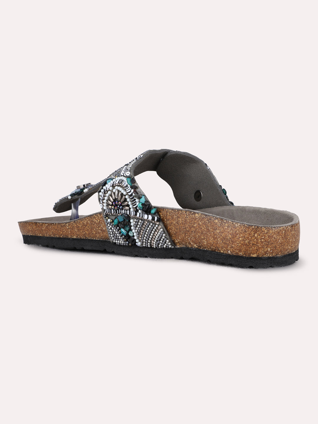 Womens Pewter Casual Printed T-Strap Flats