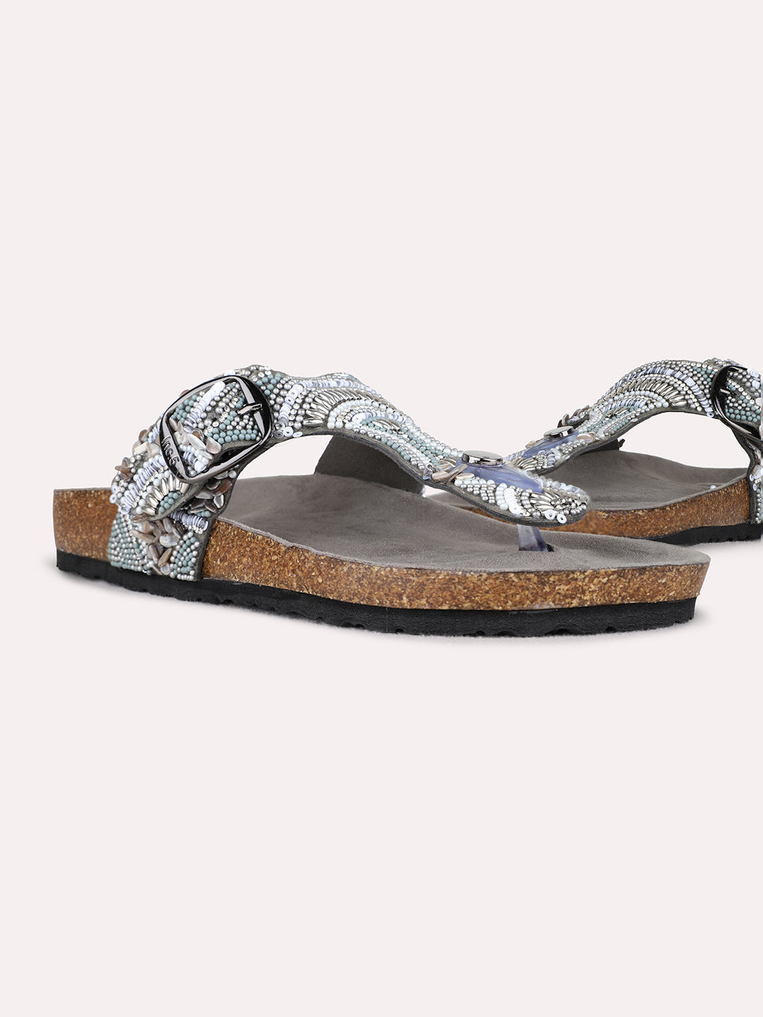 Womens Silver Casual Printed T-Strap Flat Slip-On Sandals