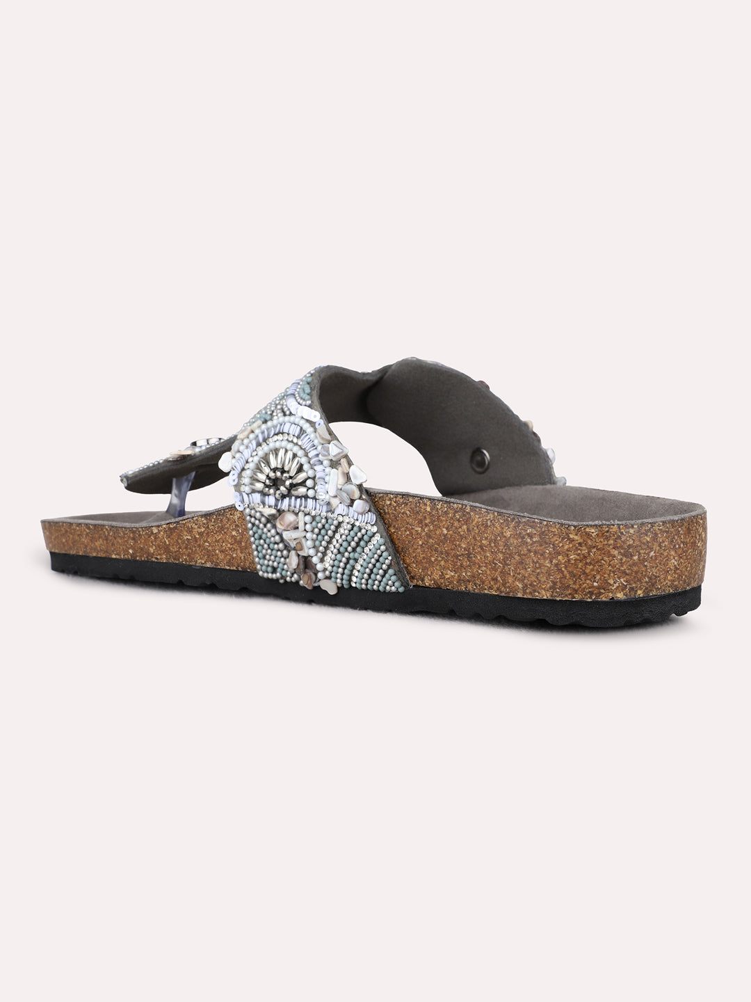 Womens Silver Casual Printed T-Strap Flat Slip-On Sandals