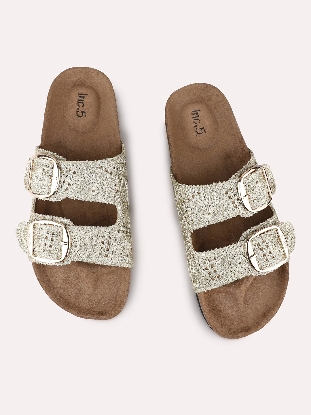 Womens Golden Casual Printed Open Toe Flats