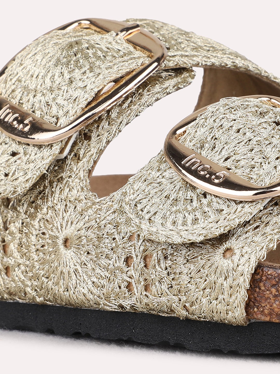 Womens Golden Casual Printed Open Toe Flats