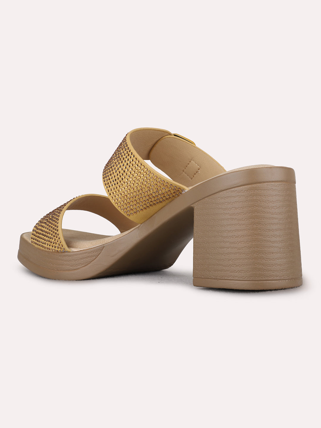 Womens Golden Party Wear Solid Pattern Round Toe Block Heels