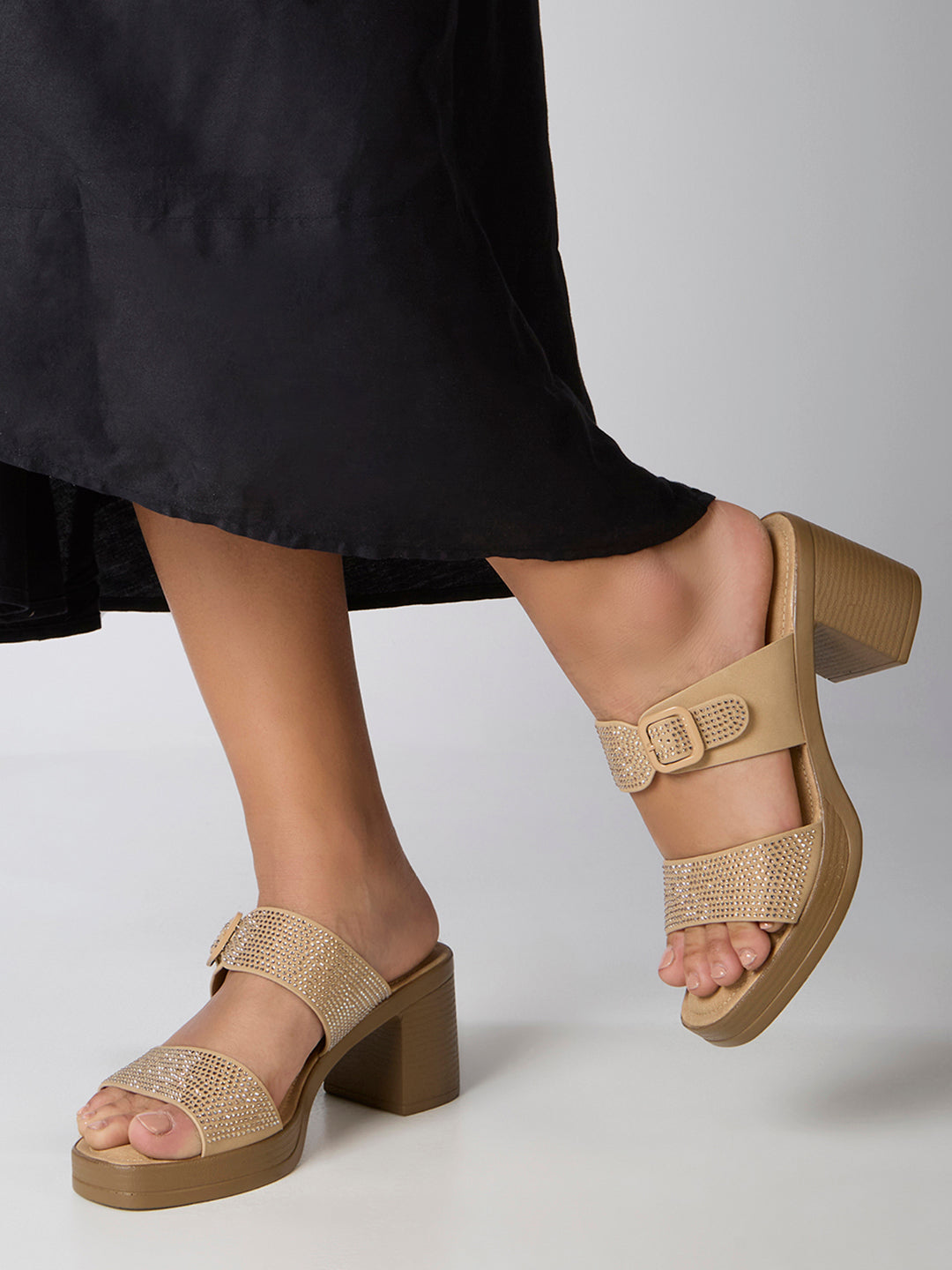 Womens Beige Party Wear Embellished Round Toe Flatform Heel Sandals