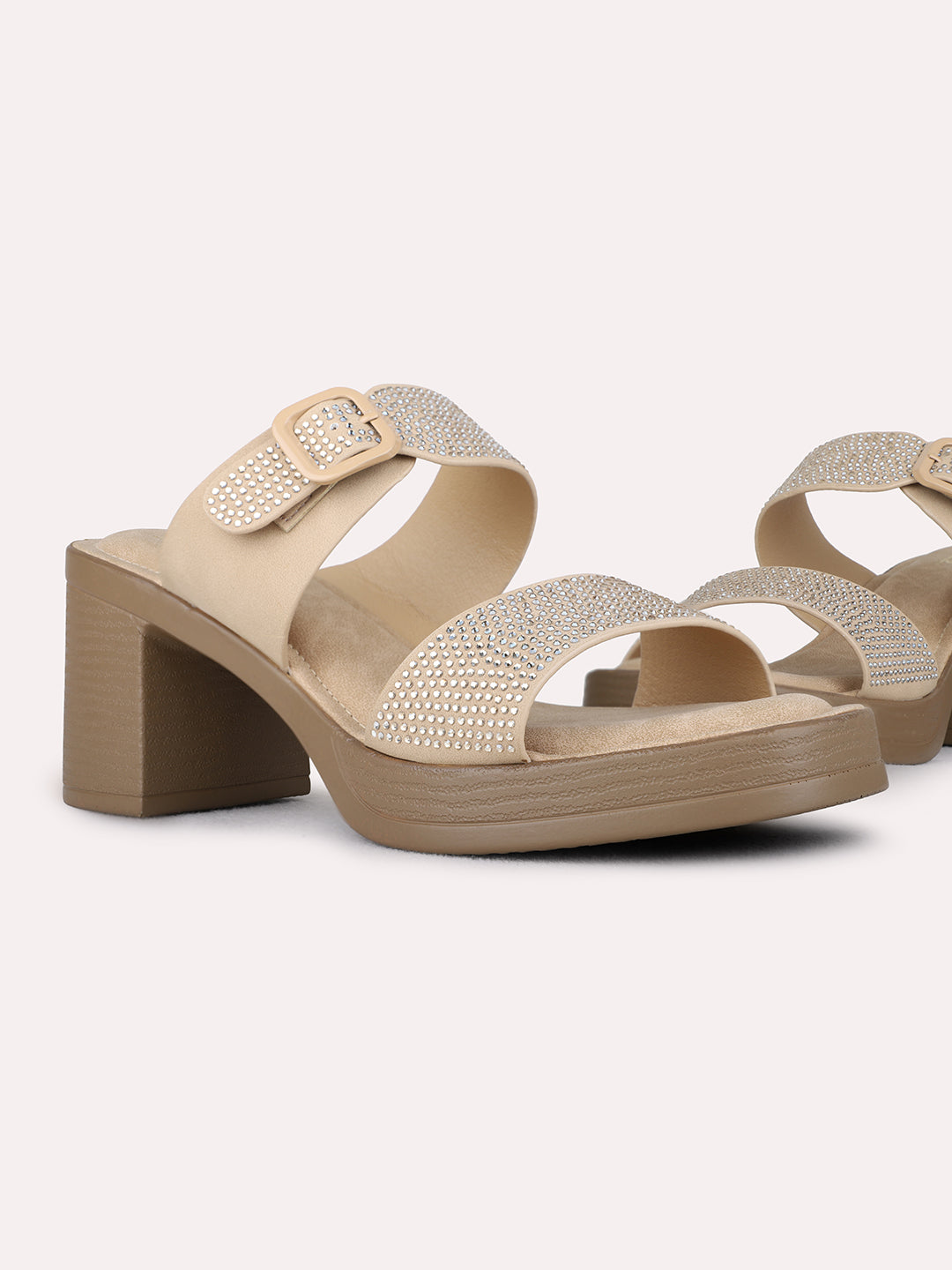 Womens Beige Party Wear Embellished Round Toe Flatform Heel Sandals