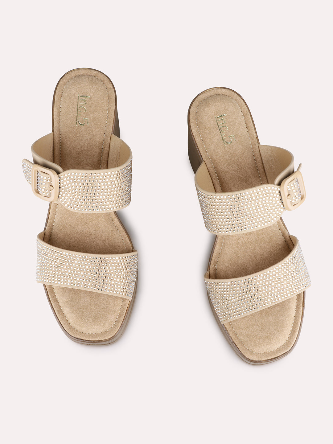 Womens Beige Party Wear Embellished Round Toe Flatform Heel Sandals