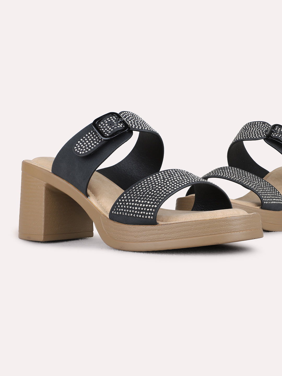 Womens Black Party Wear Embellished Pattern Round Toe Platform Heels