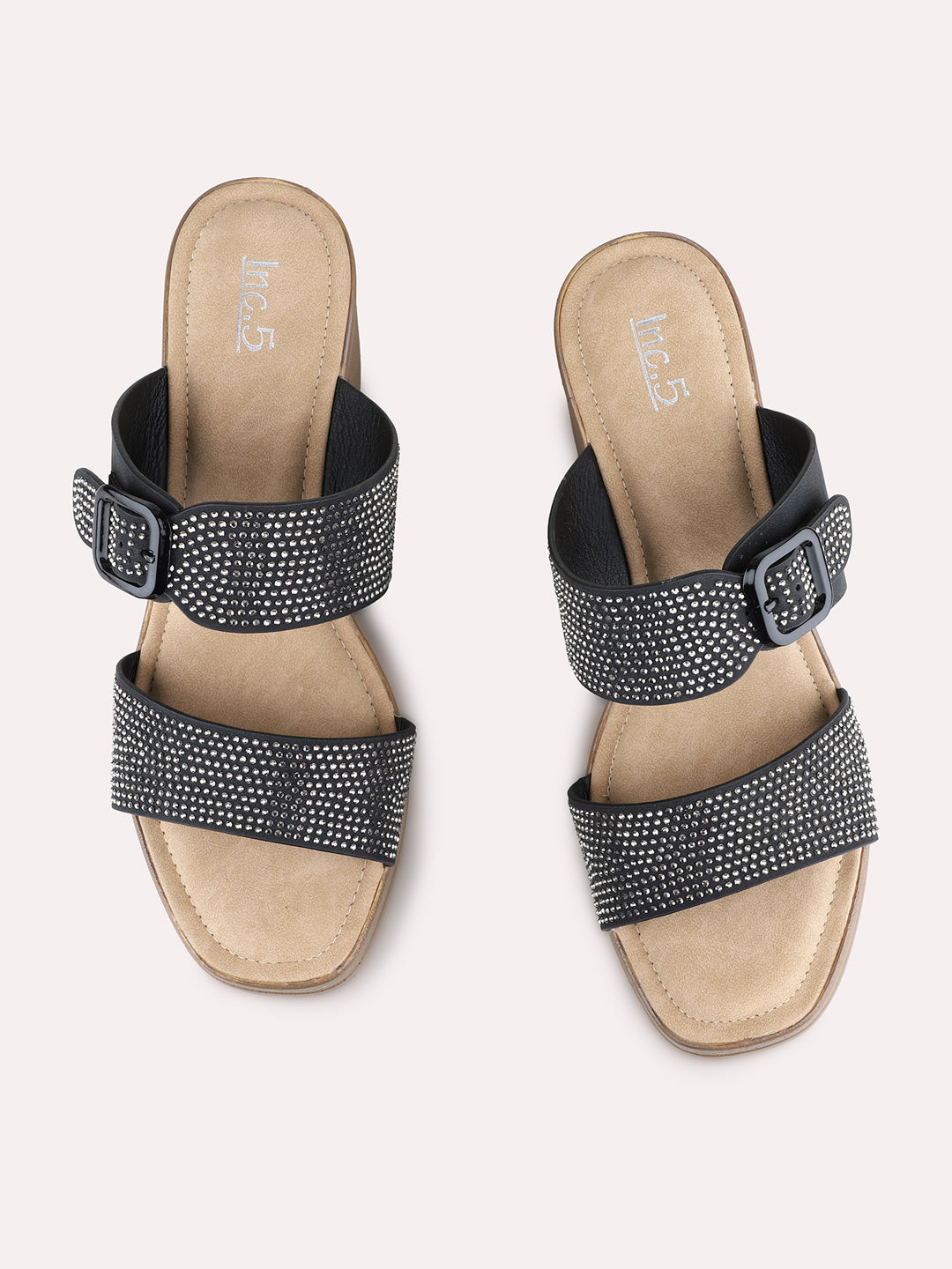 Womens Black Party Wear Embellished Pattern Round Toe Platform Heels