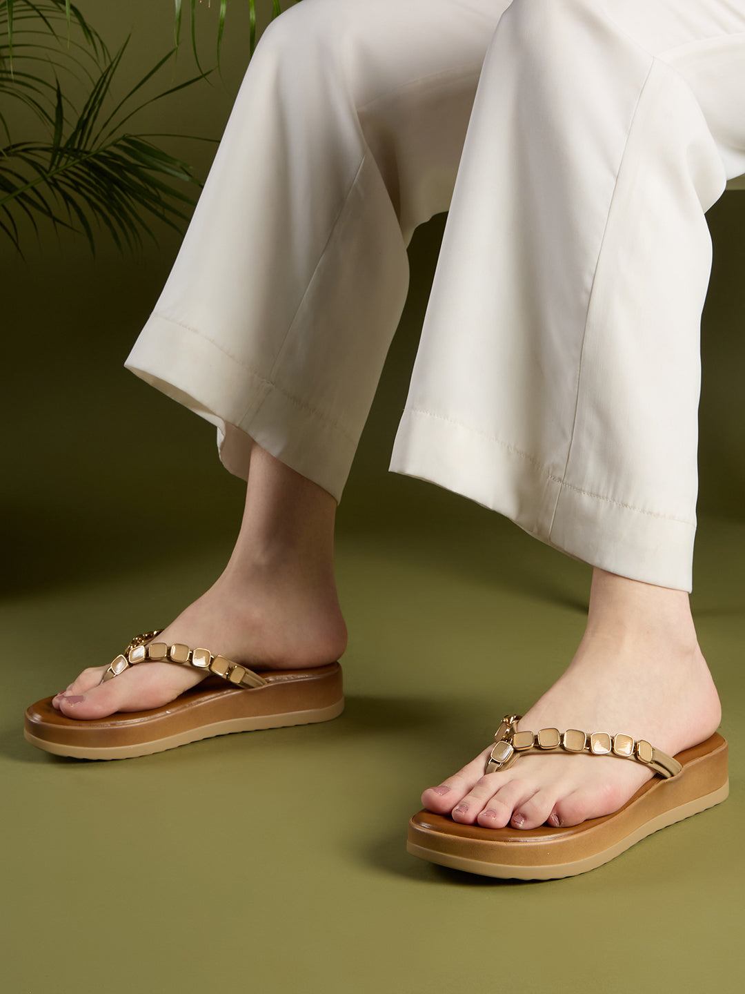 Womens Beige Casual Embellished Pointed Toe Wedge Heels