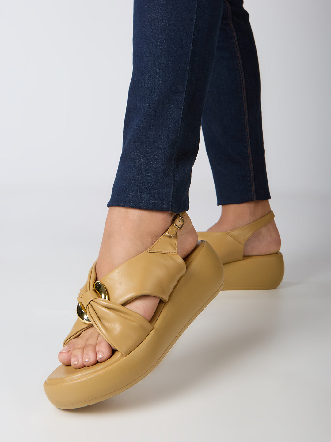 Womens Beige Party Wear Solid Pattern Round Toe Wedge Heels