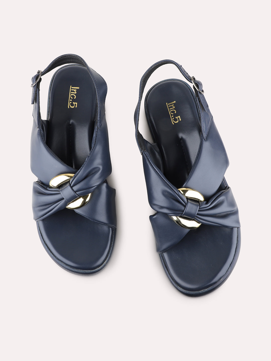 Womens Navy Party Wear Solid Round Toe Wedge Heel Sandals