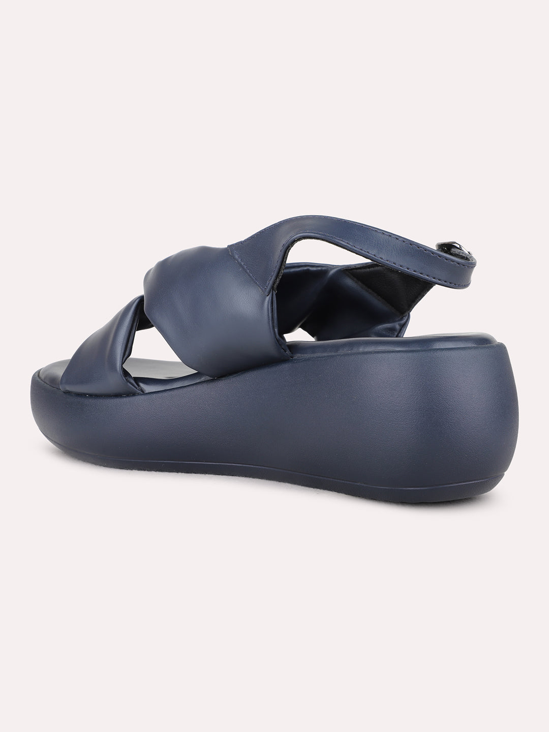 Womens Navy Party Wear Solid Round Toe Wedge Heel Sandals