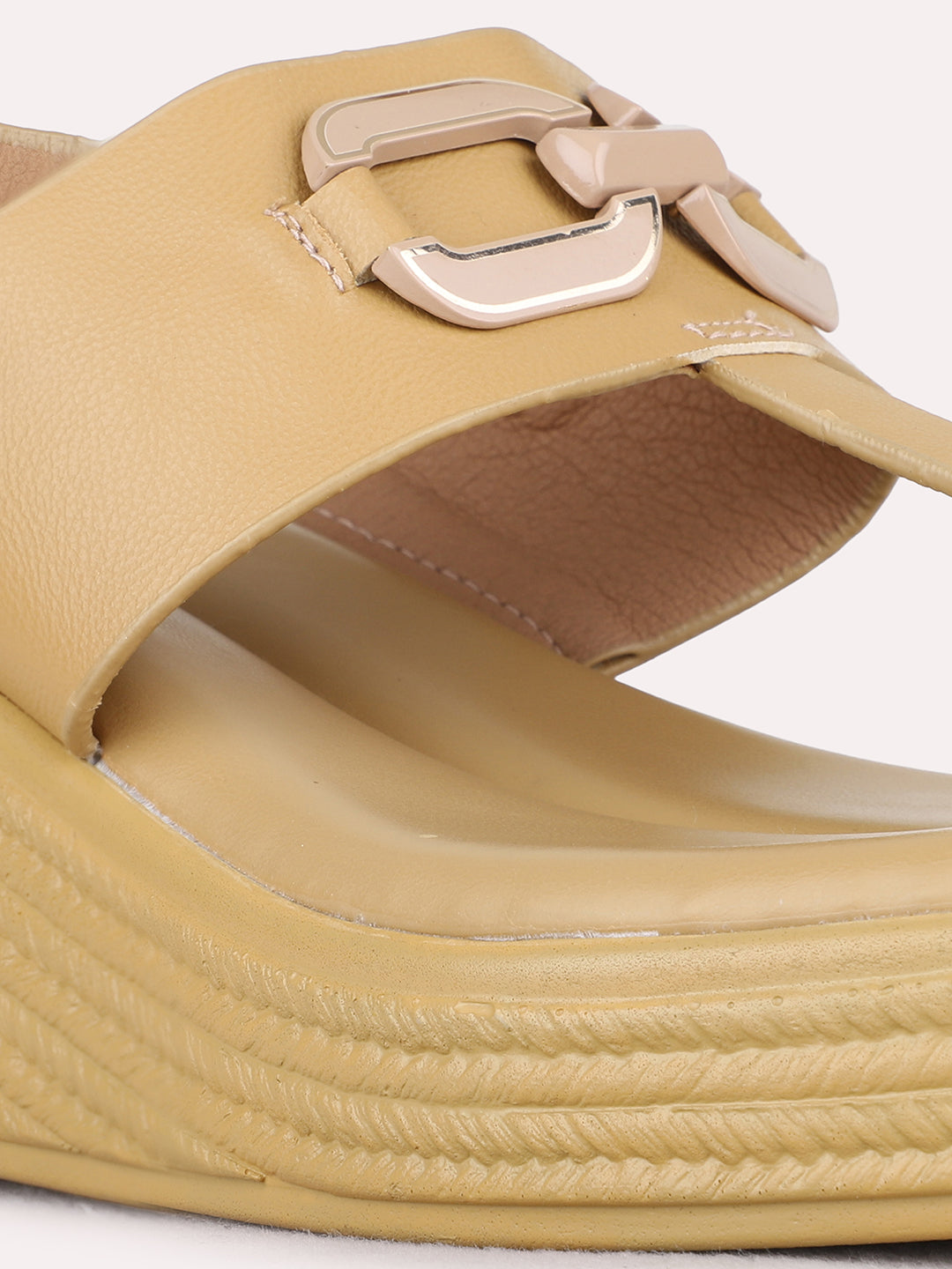 Womens Tan Party Wear Solid Round Toe Wedge Heel Sandals