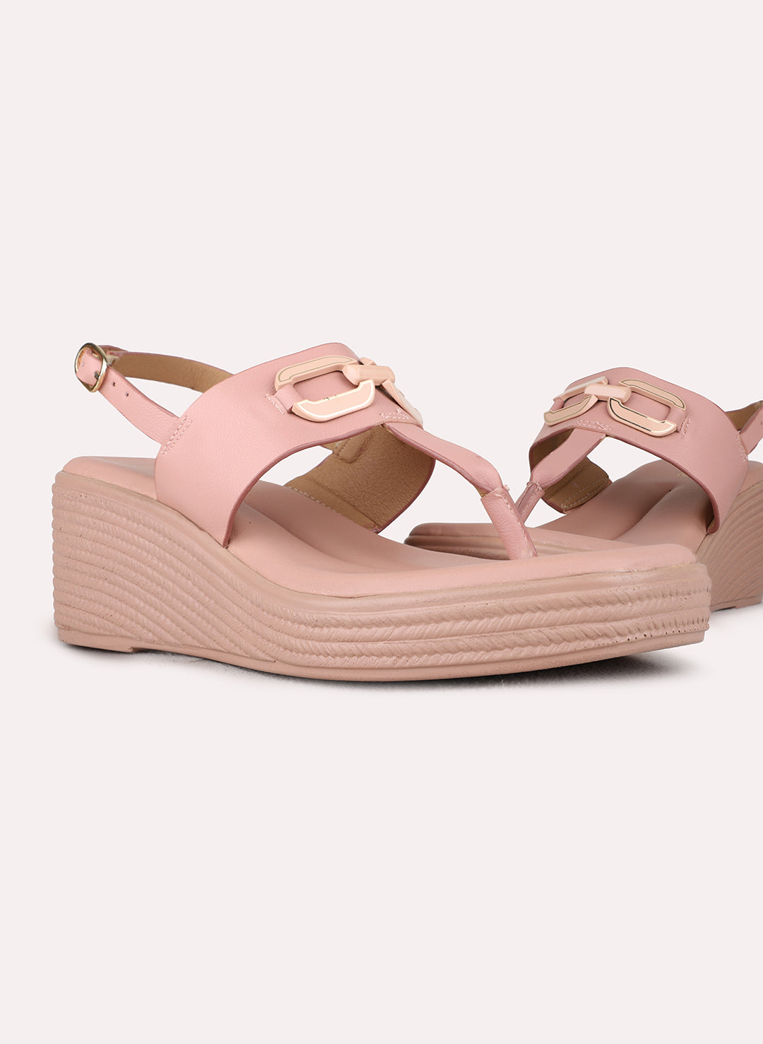 Womens Peach Party Wear Solid Round Toe Wedge Heel Sandals