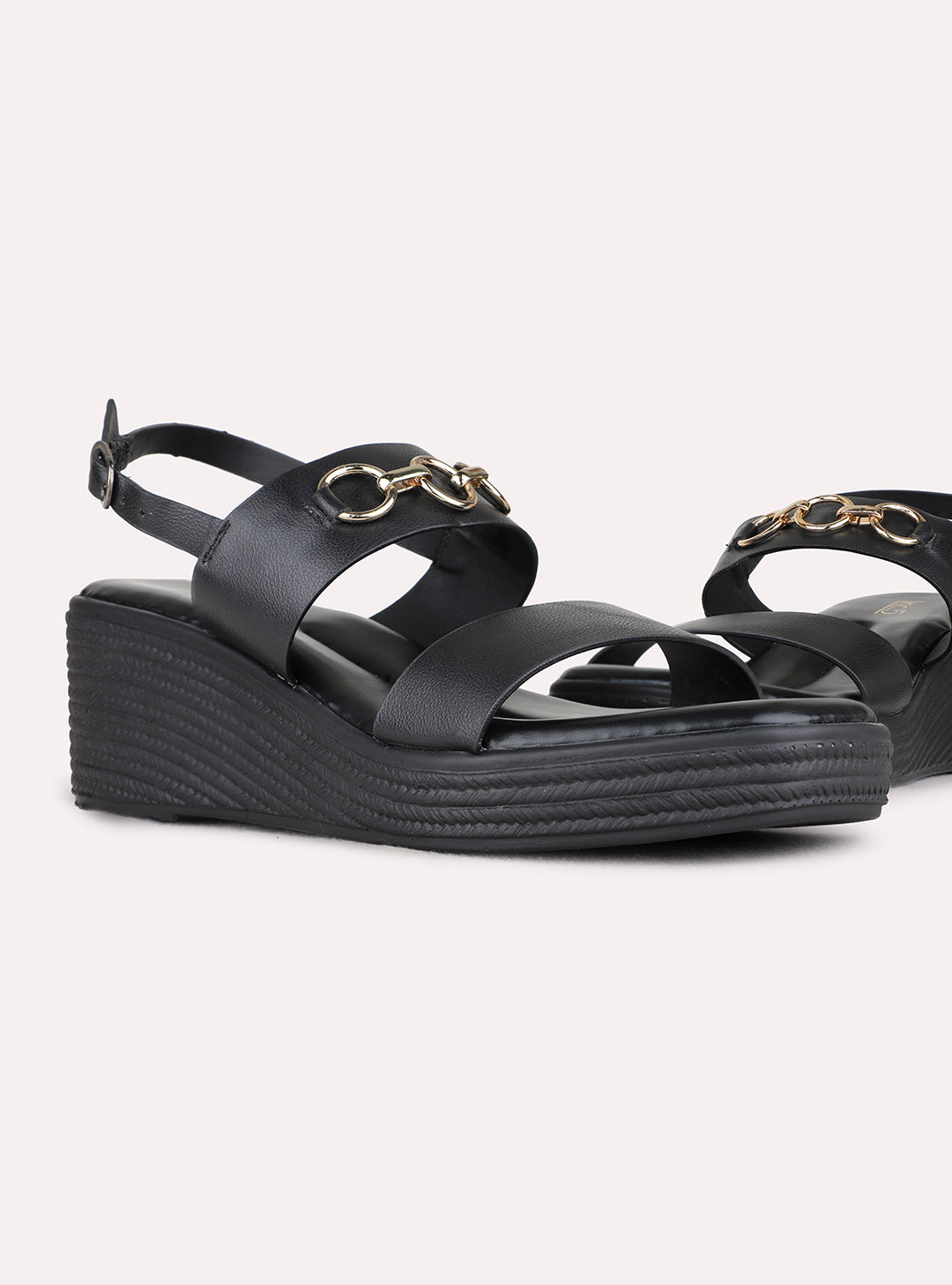 Womens Black Party Wear Solid Round Toe Wedge Heel Sandals