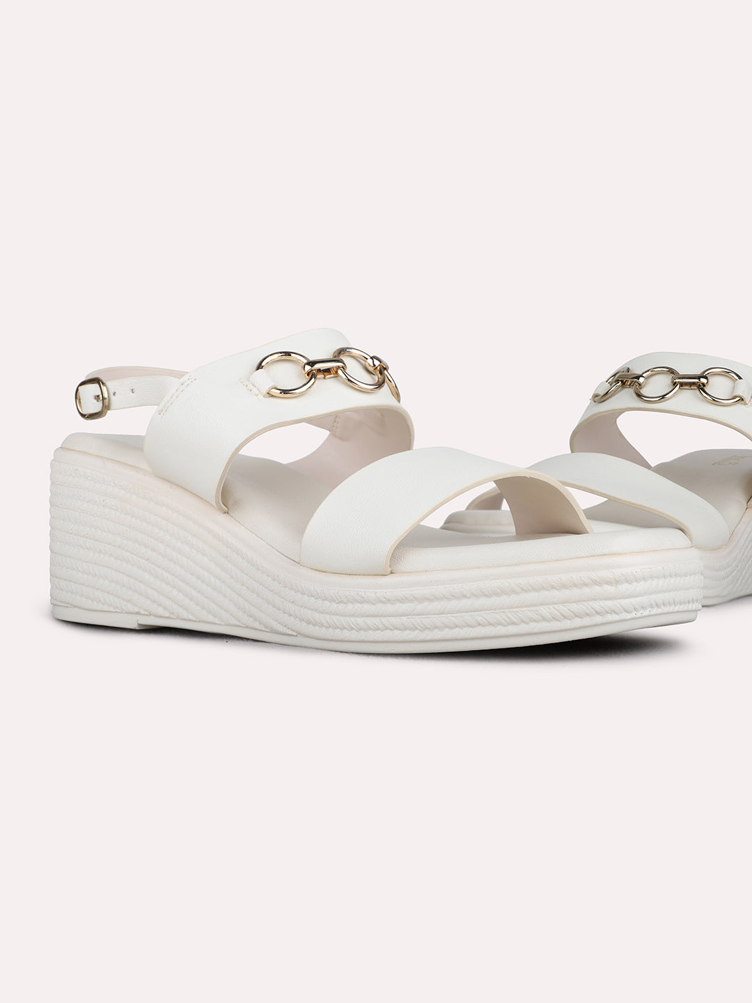 Womens Cream Party Wear Solid Round Toe Wedge Heel Sandals