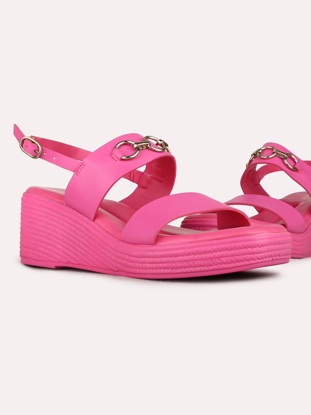 Womens Pink Party Wear Solid Round Toe Wedge Heel Sandals