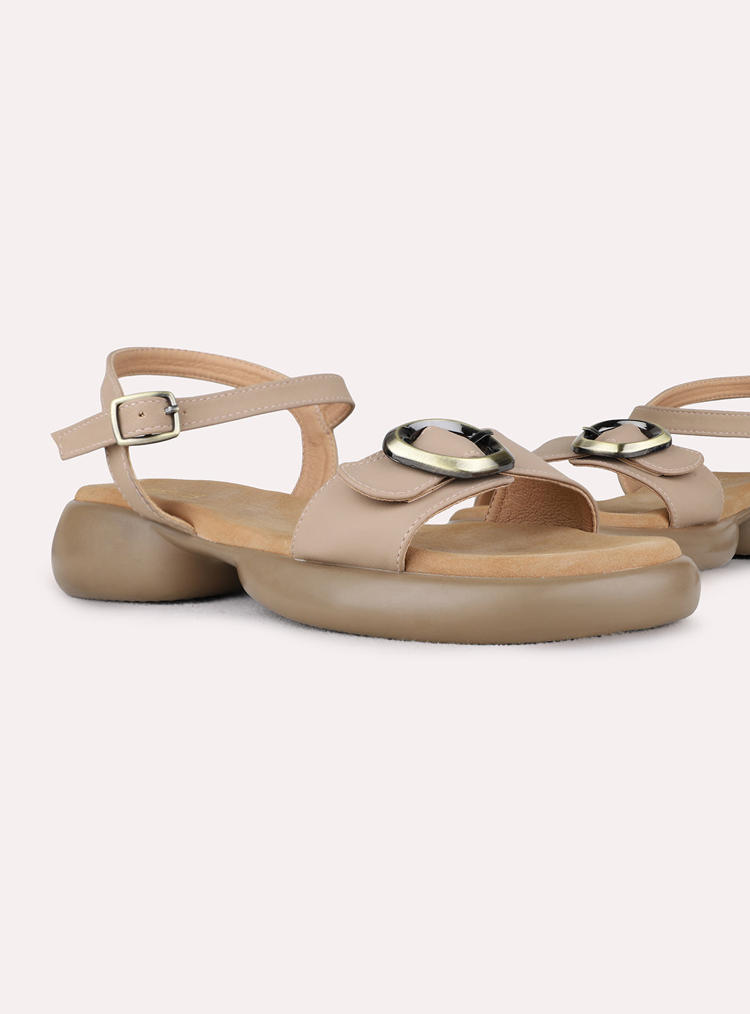Womens Tan Party Wear Solid Pattern Round Toe Block Heels