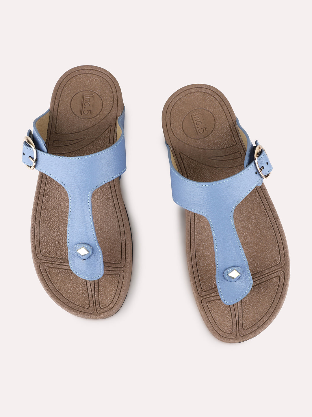 Womens Blue Casual Solid Pattern T-Strap Flats