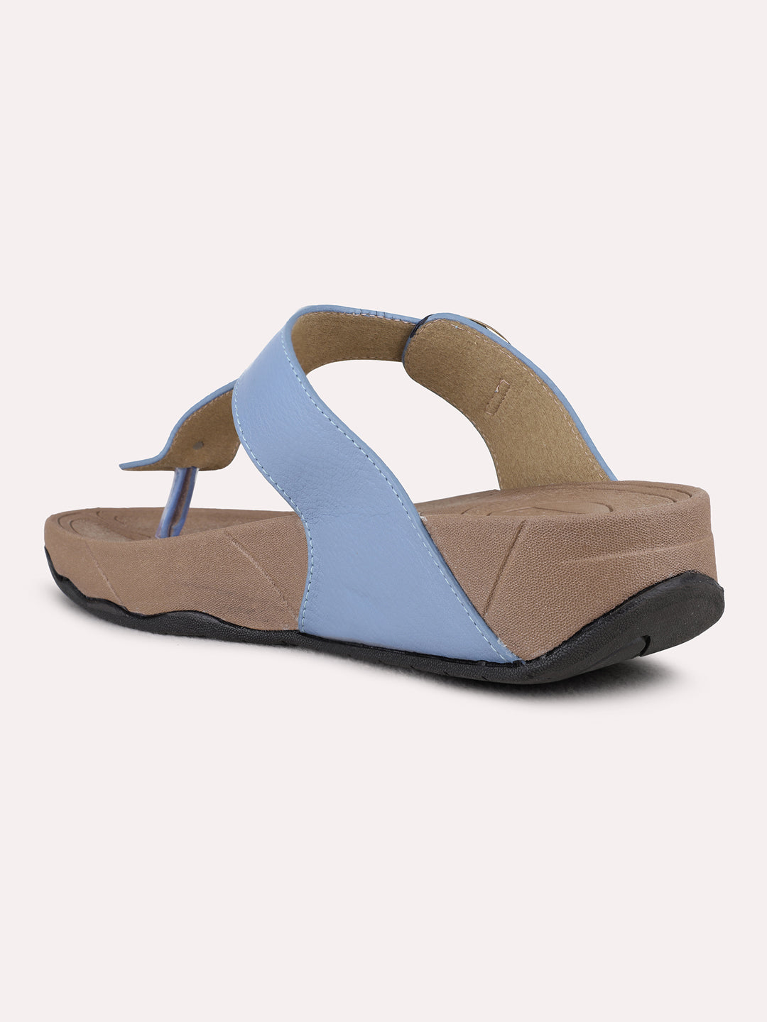 Womens Blue Casual Solid Pattern T-Strap Flat Slip-On Sandals