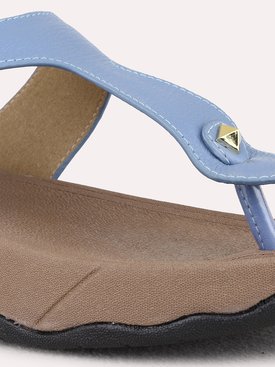 Womens Blue Casual Solid Pattern T-Strap Flat Slip-On Sandals