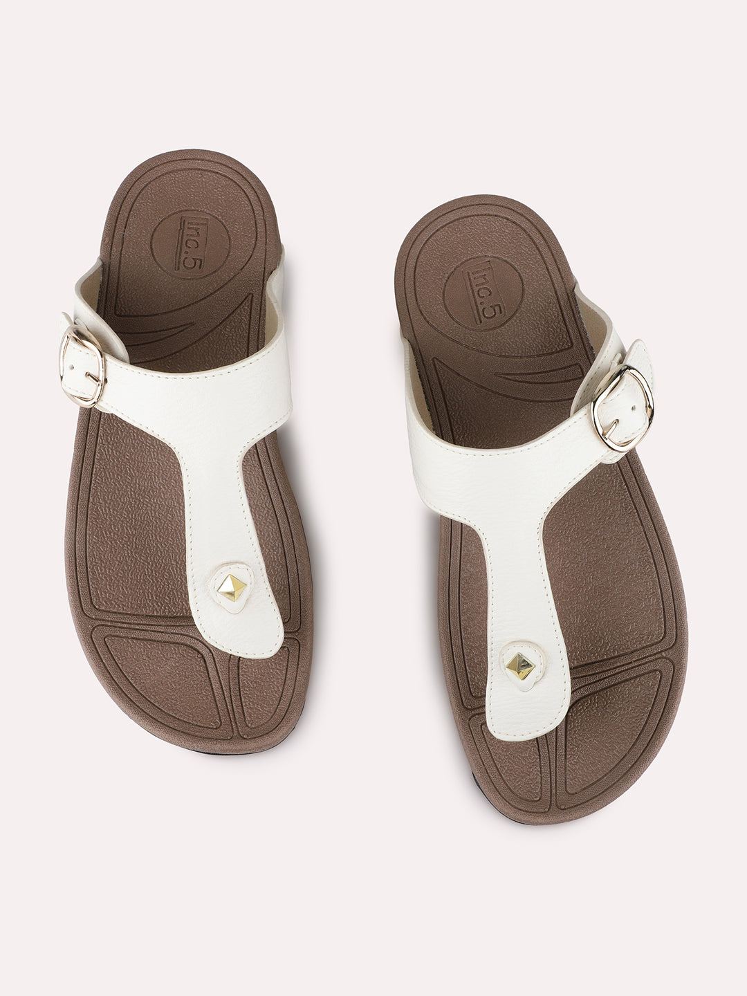 Womens Cream Casual Solid T-Strap Flat Sandals