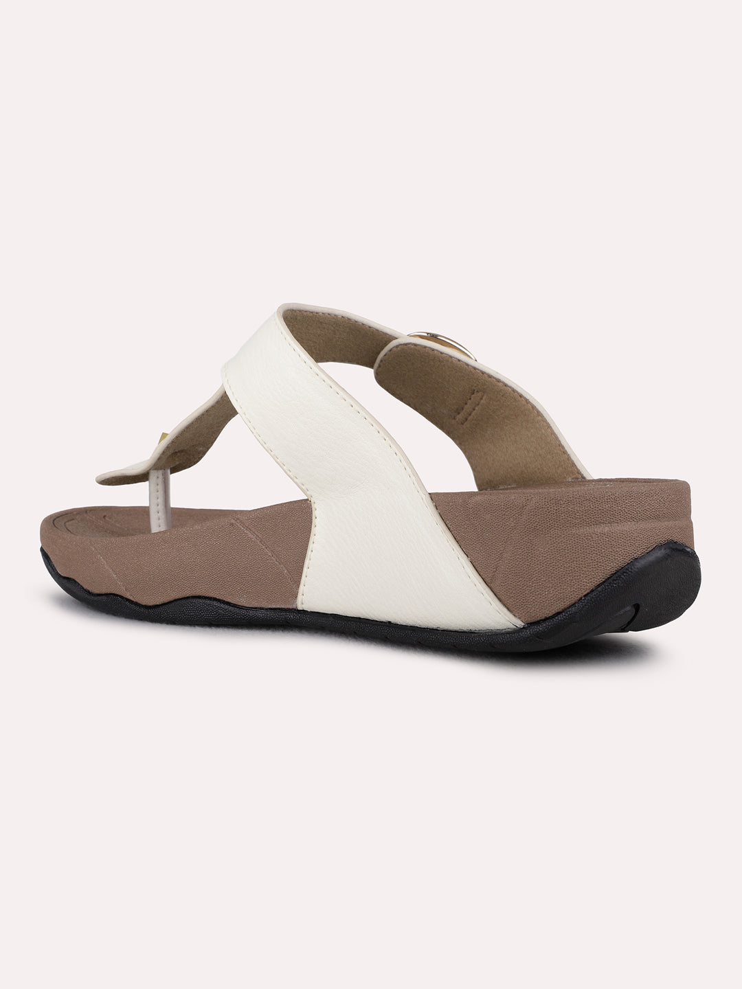 Womens Cream Casual Solid T-Strap Flat Sandals