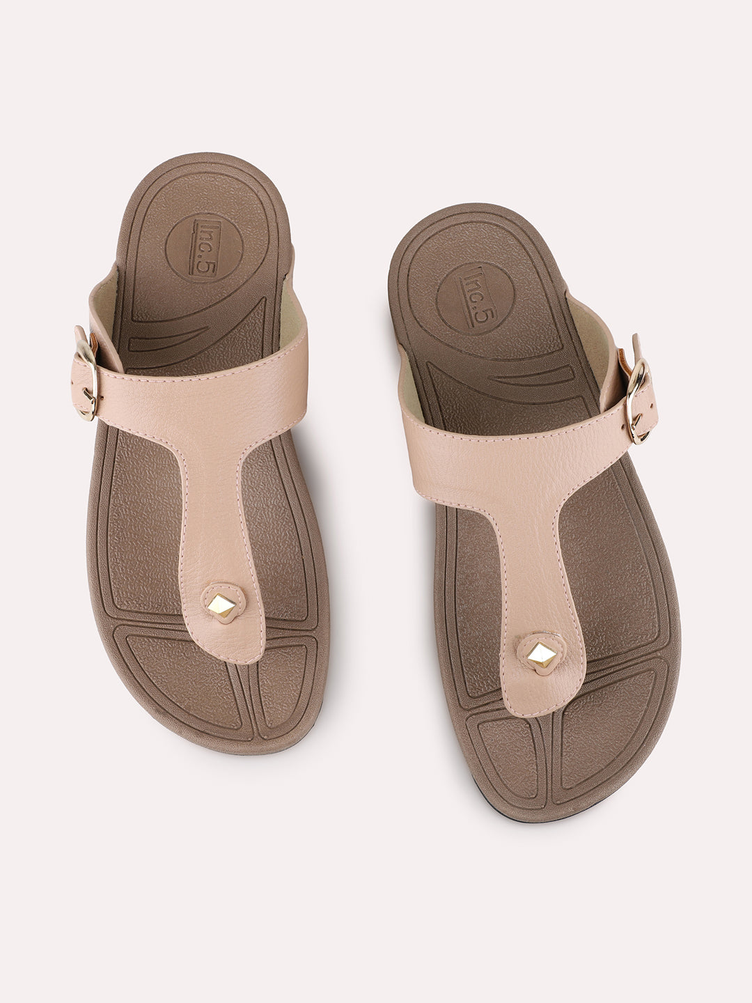 Womens Peach Casual Solid T-Strap Flat Slip-On Sandals