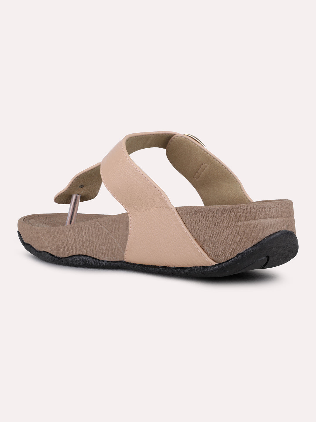 Womens Peach Casual Solid T-Strap Flat Slip-On Sandals
