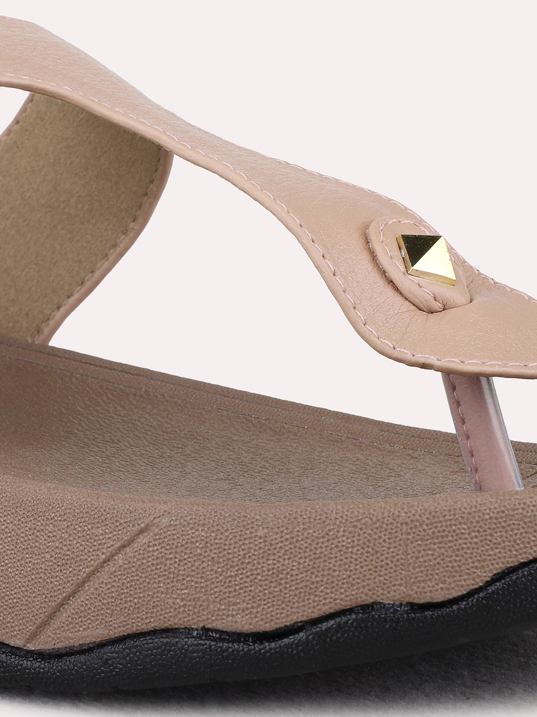 Womens Peach Casual Solid T-Strap Flat Slip-On Sandals