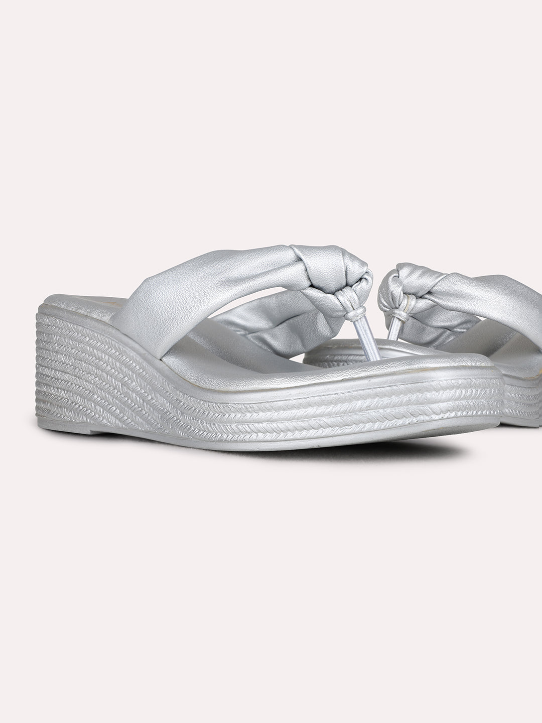 Womens Silver Party Wear Solid Round Toe Wedge Heel Sandals