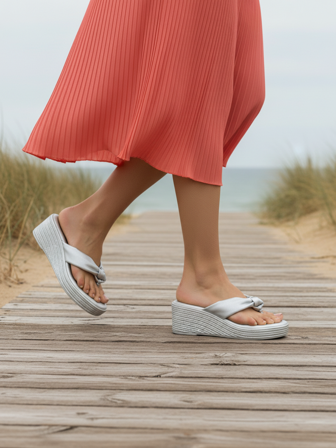 Womens Silver Party Wear Solid Round Toe Wedge Heel Sandals