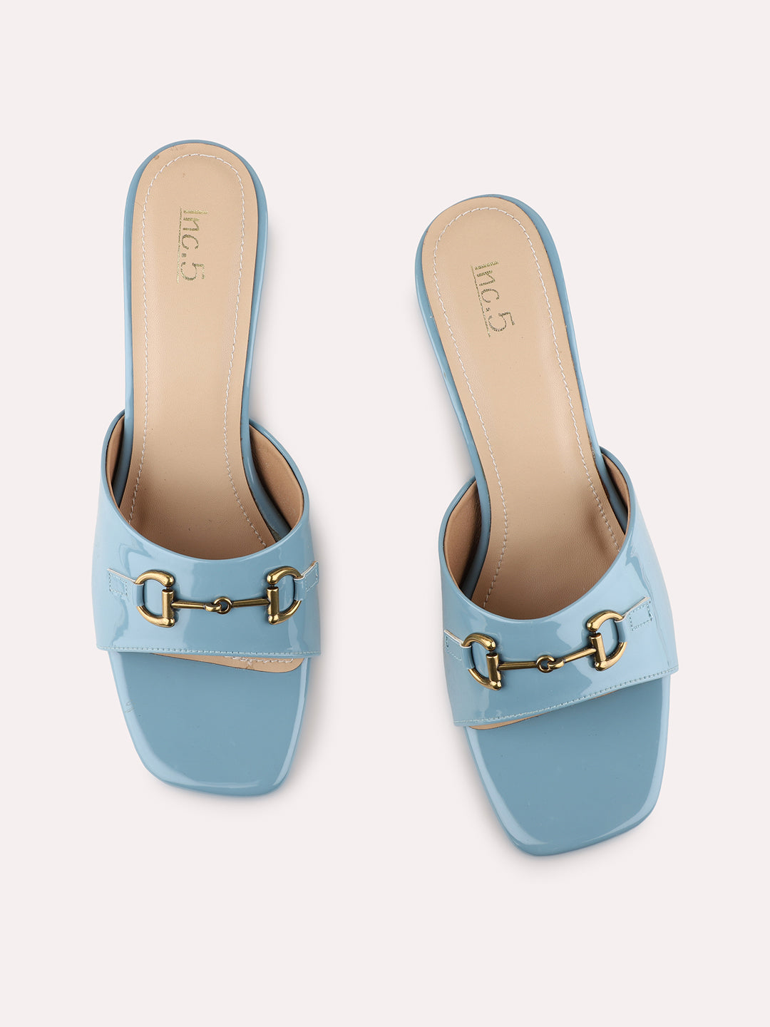 Womens Blue Party Wear Solid Square Toe Kitten Heel Sandals