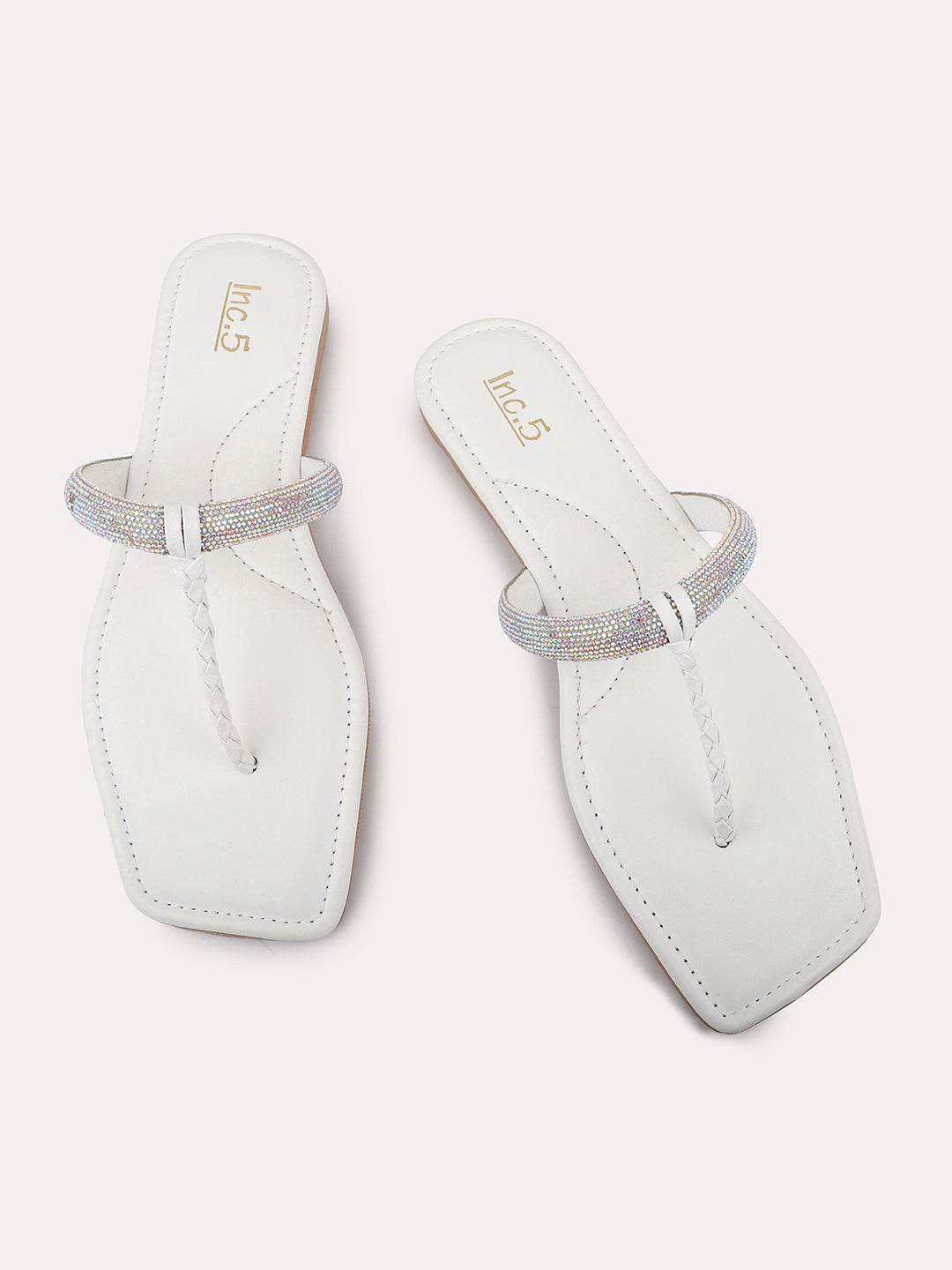 Women White Embellished Open Toe Flats