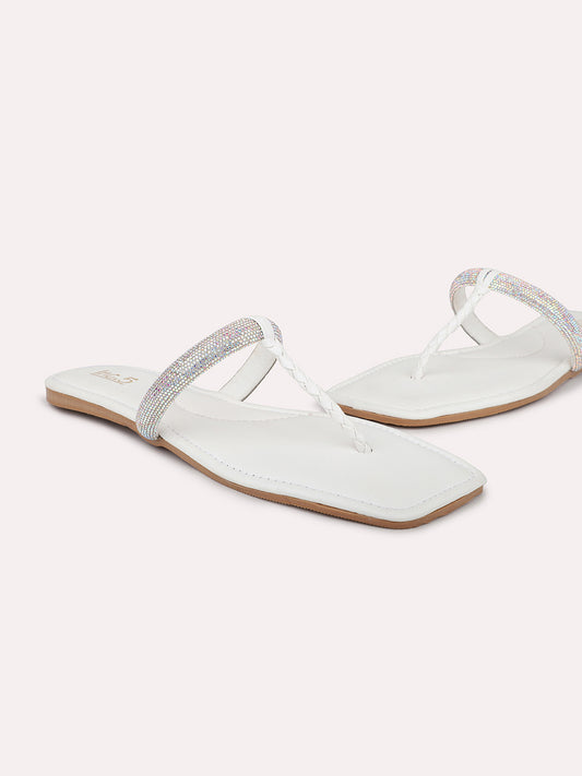 Women White Embellished Open Toe Flats
