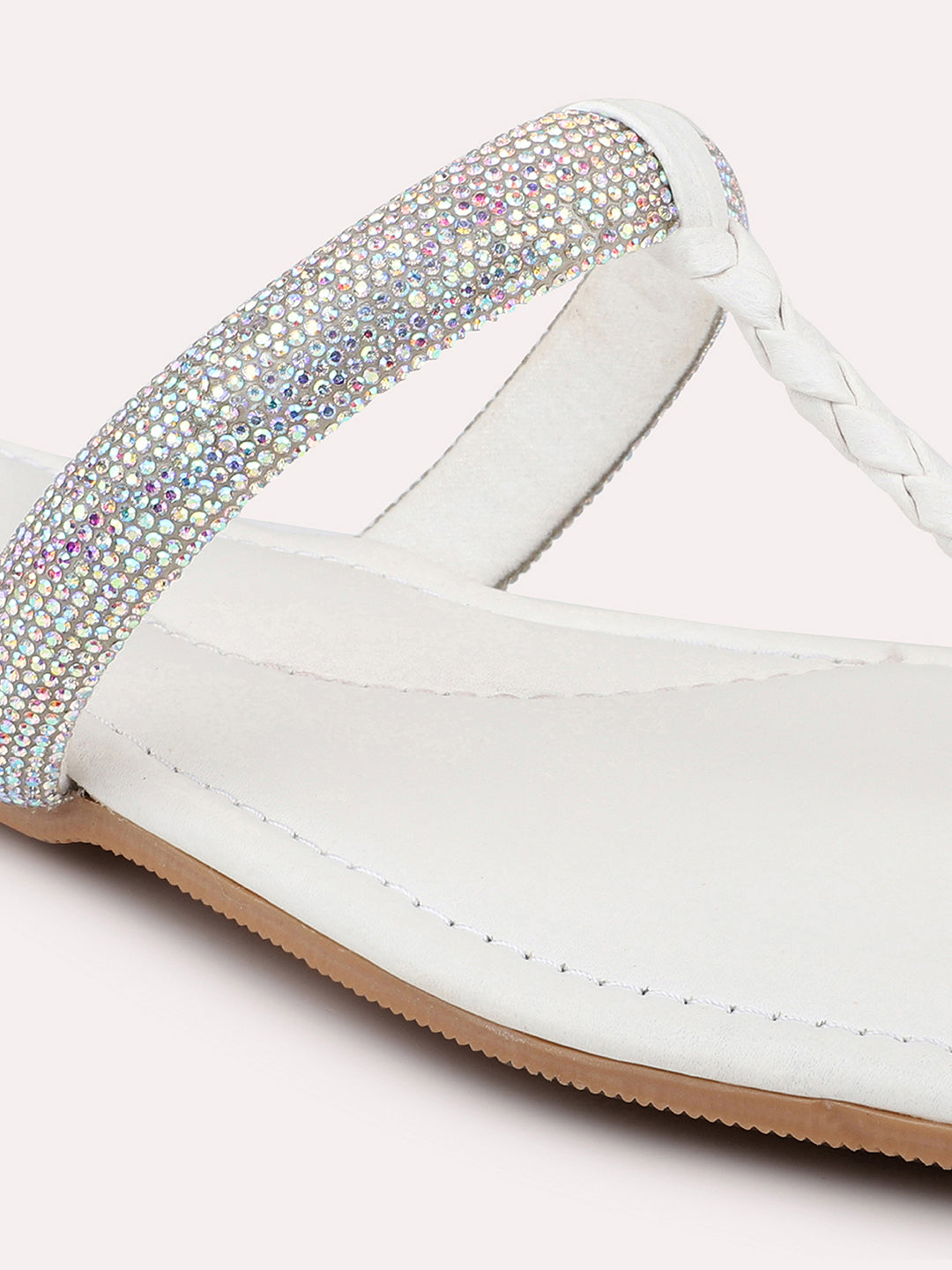 Women White Embellished Open Toe Flats