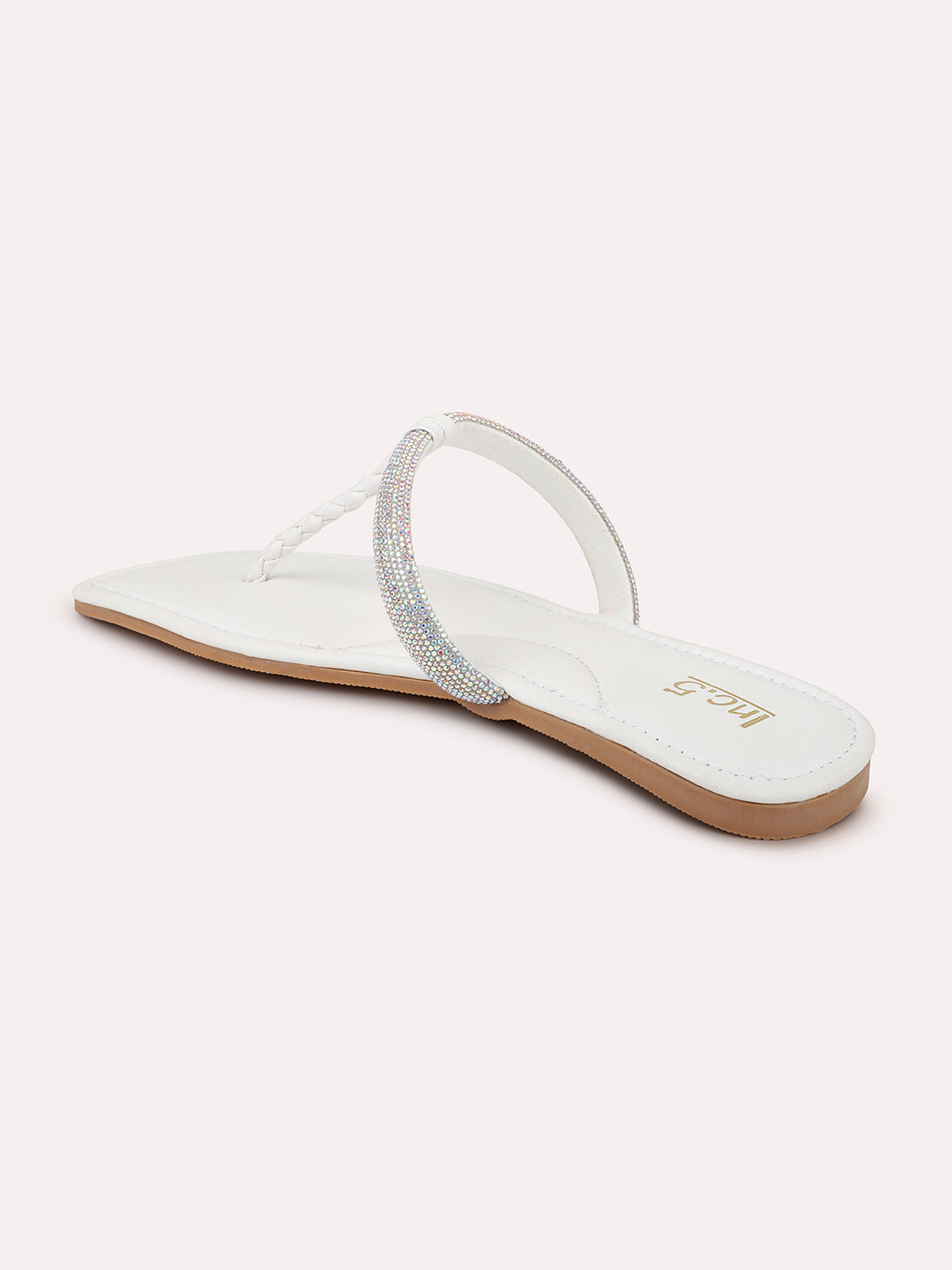 Women White Embellished Open Toe Flats