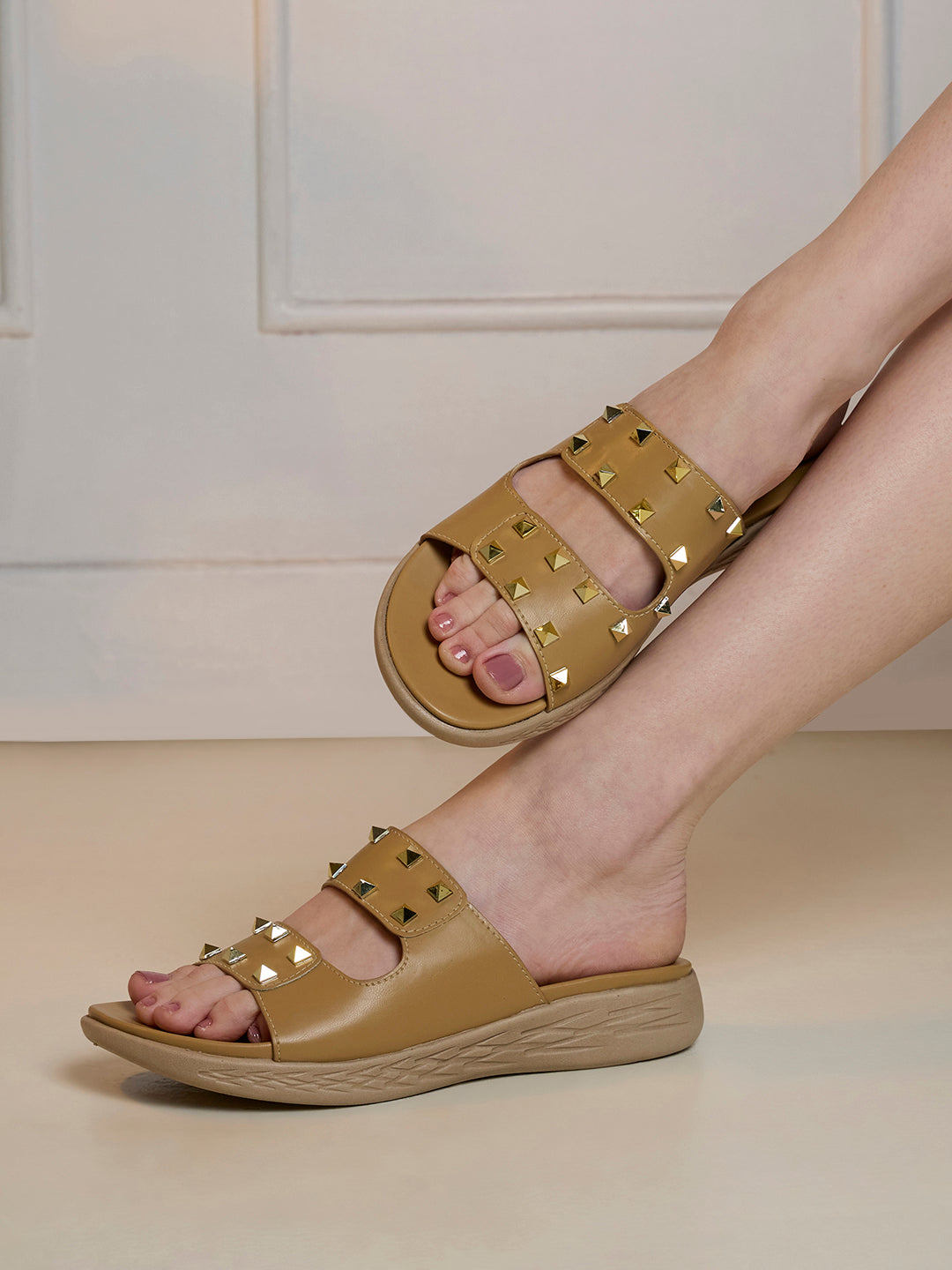 Womens Beige Ethnic Wear Embellished Round Toe Wedge Heel Sandals