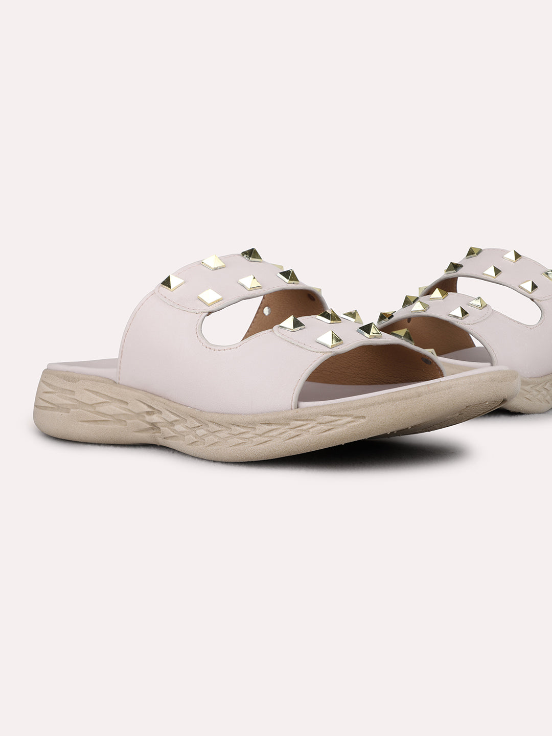 Womens Cream Casual Solid Open Toe Flat Slip-On Sandals