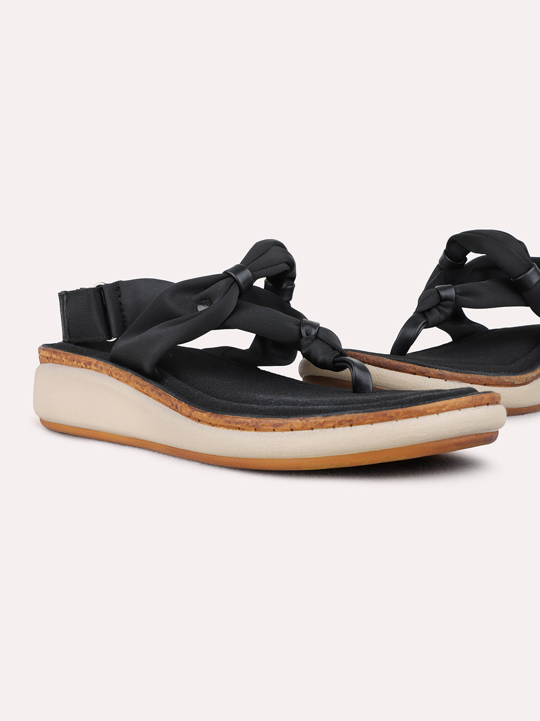 Womens Black Ethnic Wear Striped Round Toe Wedge Heel Sandals