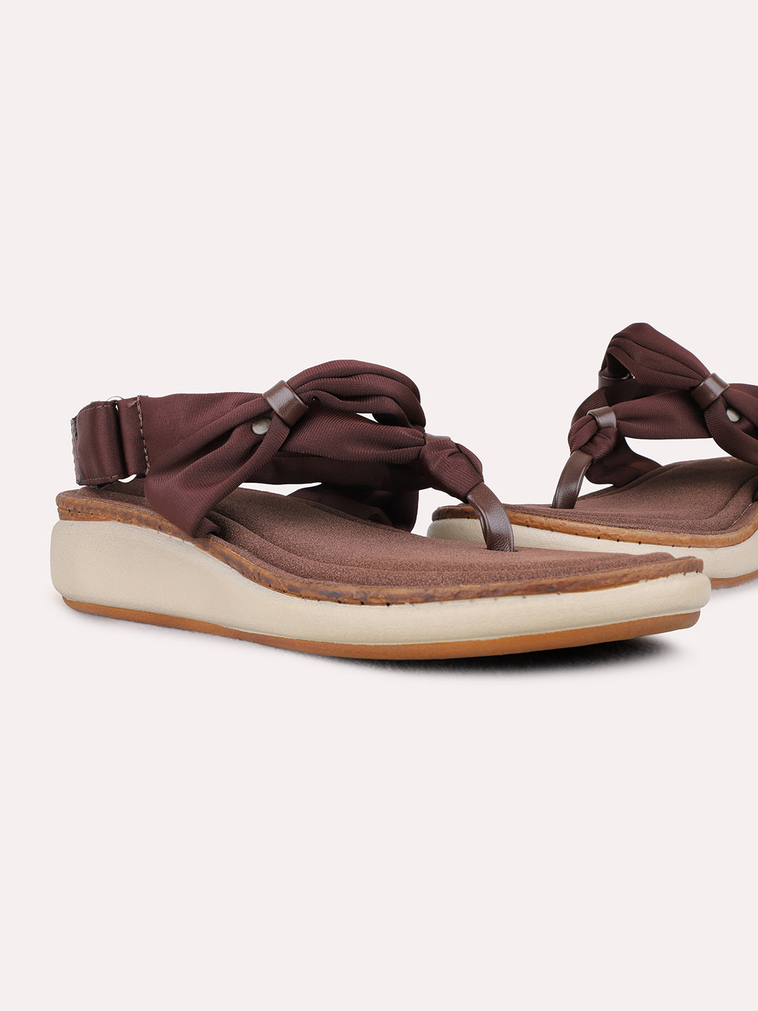 Womens Brown Ethnic Wear Striped Round Toe Wedge Heel Sandals