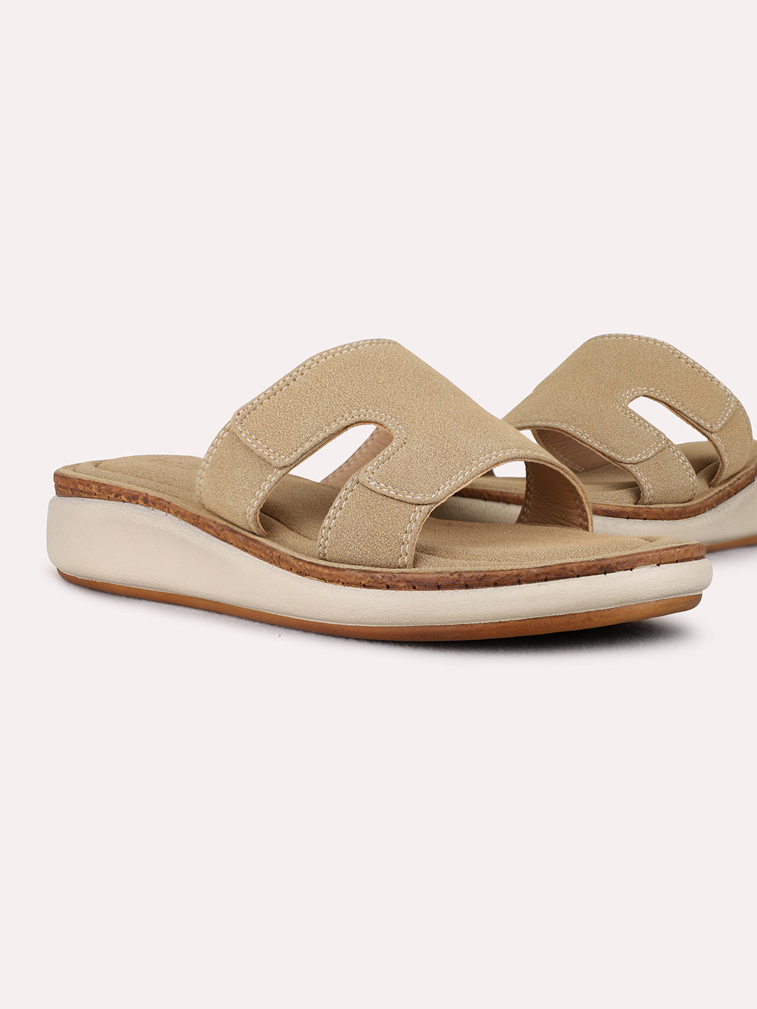 Womens Beige Casual Solid Round Toe Wedge Heel Sandals