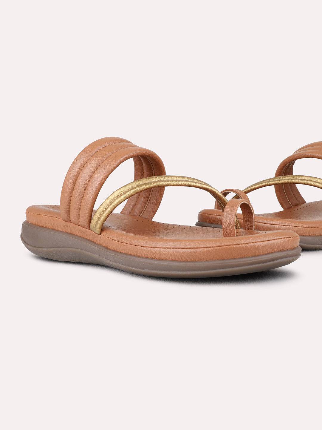 Womens Tan Casual Solid One Toe Flat Sandals