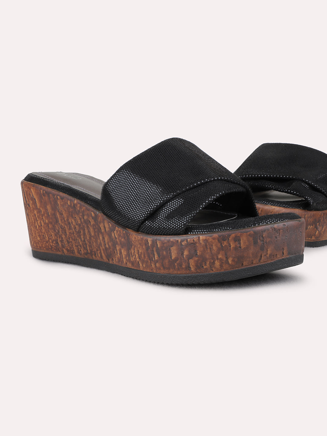 Womens Black Party Wear Textured Round Toe Wedge Heel Sandals