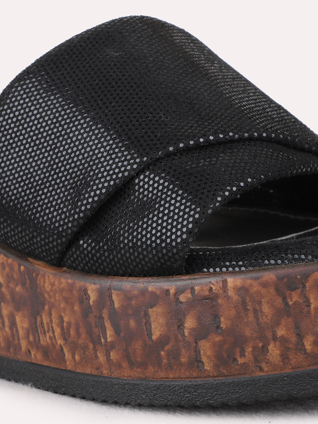 Womens Black Party Wear Textured Round Toe Wedge Heel Sandals