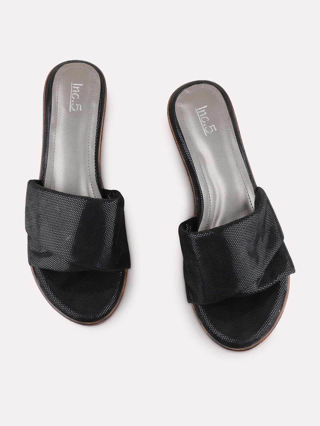 Womens Black Party Wear Textured Round Toe Wedge Heel Sandals