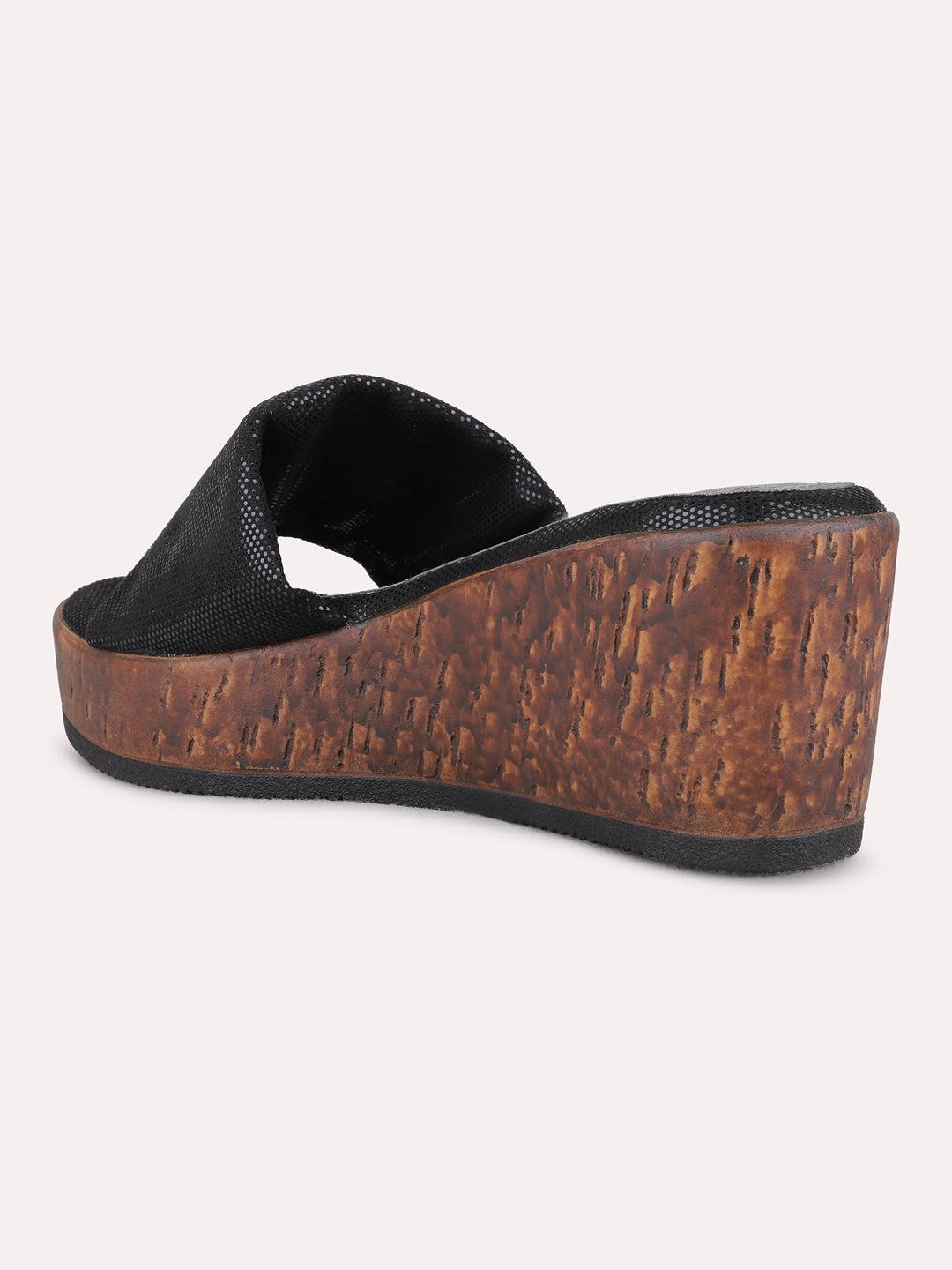 Womens Black Party Wear Textured Round Toe Wedge Heel Sandals