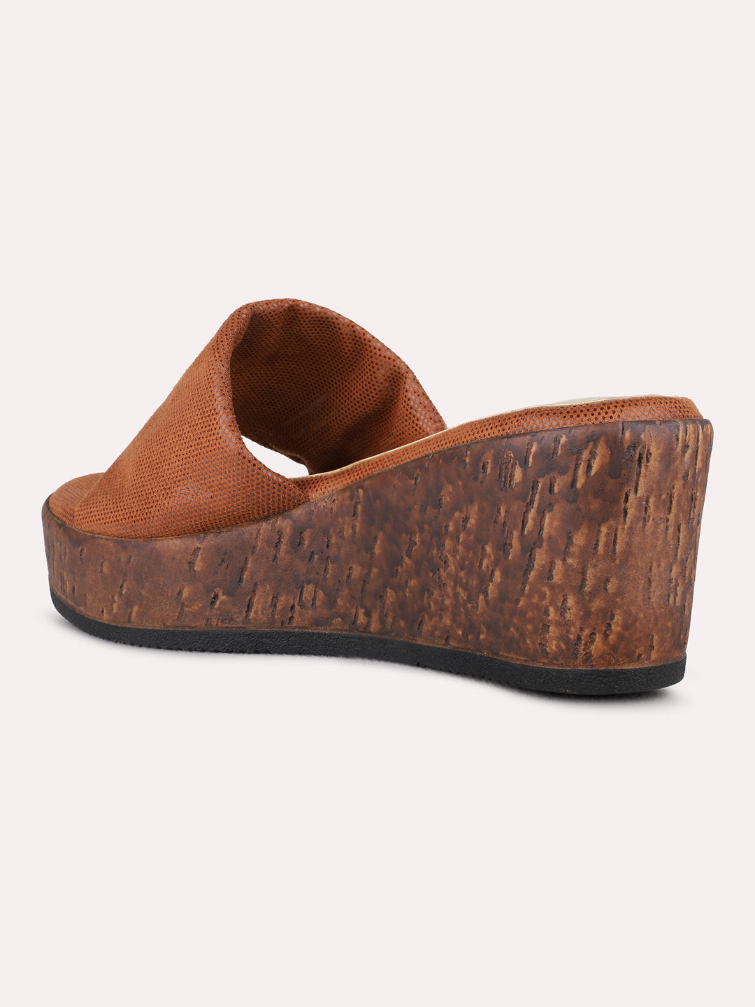 Womens Tan Party Wear Solid Round Toe Wedge Heel Sandals