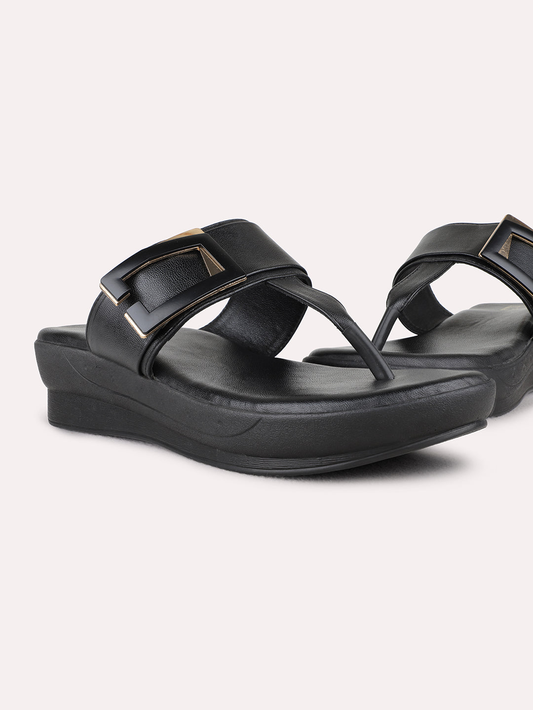 Womens Black Party Wear Round Toe Wedge Heel Sandals