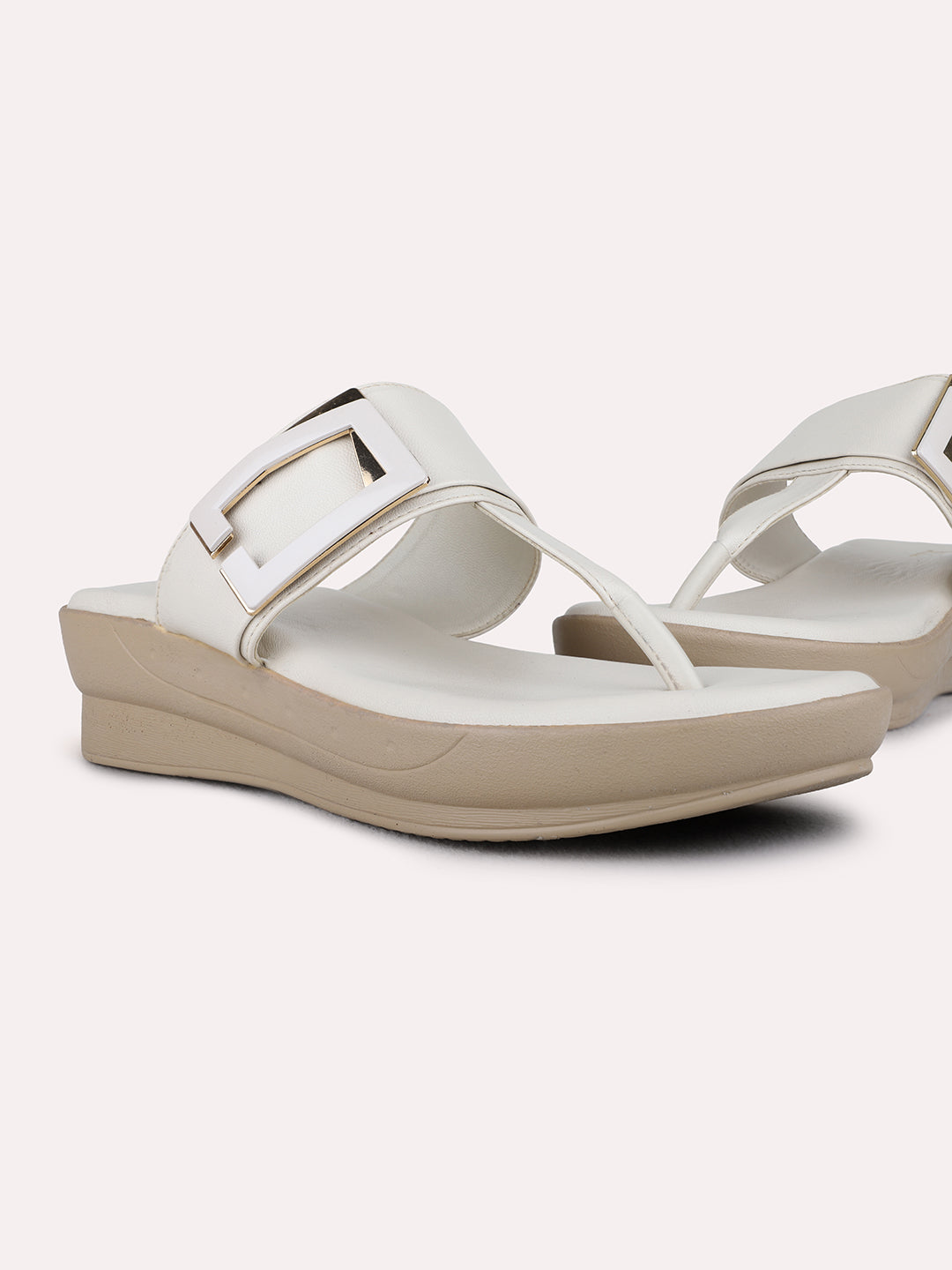 Womens Cream Party Wear Solid Round Toe Wedge Heel Sandals